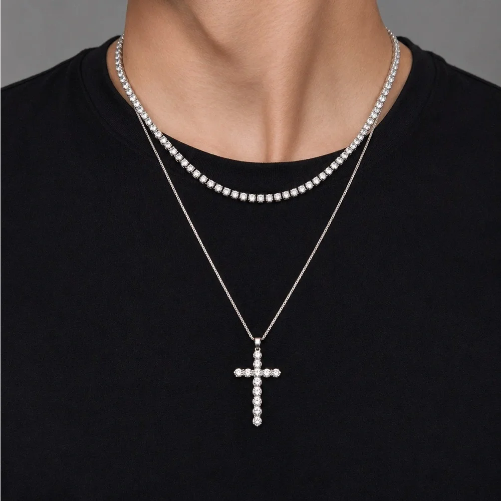 925 Sterling Silver 6.00CT MOISSANITE Cross Pendant Necklace Size 18”